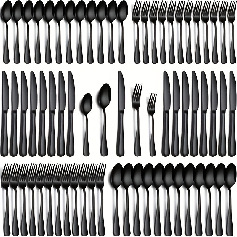 24/60pcs Silvery/Black Stainless Steel Tableware Suitable for 4/12 People to Use, Steak Knife, Salad Fork, Dessert Spoons, Cutlery Set with Gift Box, Kitchen Additions, Home Outdoor, Wedding Camping Stuff, Christmas Party Gift, Dishwasher Safe