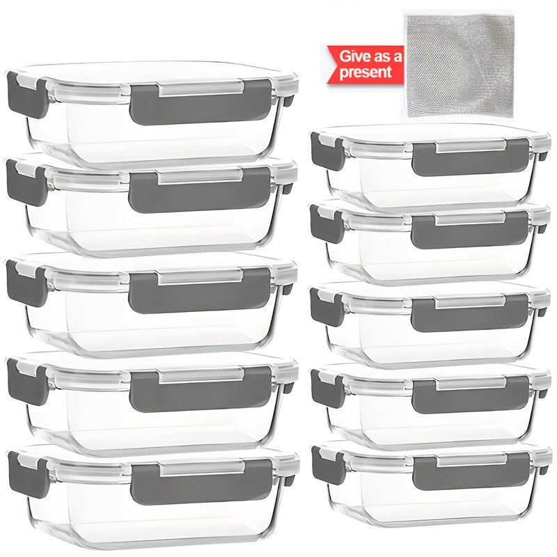 Glass Meal Prep Storage Containers, Set of 10 with Airtight Locking Lids for Work Lunches, Leftovers, Refrigerator and Pantry Organization