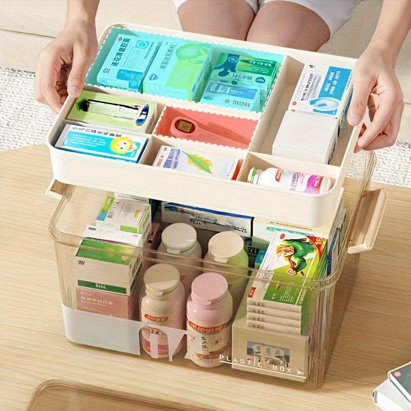 1pc Large Capacity Medicine Storage Box with Easy-Grip Handles - Durable, Multi-layered Plastic Pill Organizer for Household, Travel & Office Use - Secure, Space-Saving Sundries Storage Solution