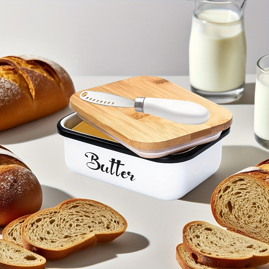 Iron Butter Tray with Bamboo Cover and Knife Large Capacity - Airtight Cheese Storage Box Kitchen Storage Items - Complete Colors - Mother's Day Thanksgiving Christmas Gifts Butter Storage Container Holiday Serving Elegant Durable