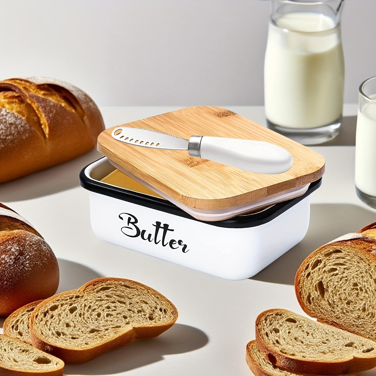 Iron Butter Tray with Bamboo Cover and Knife Large Capacity - Airtight Cheese Storage Box Kitchen Storage Items - Complete Colors - Mother's Day Thanksgiving Christmas Gifts Butter Storage Container Holiday Serving Elegant Durable