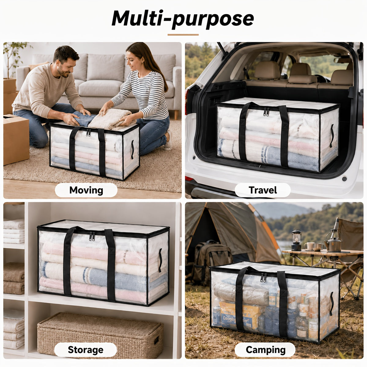 6pcs Heavy-Duty Moving Bags with Reinforced Handle - Oversized Storage Totes, Snap-Close Lid & Plastic Suitable for Clothes, Quilts,, Moving Supplies - Space Saver Bags
