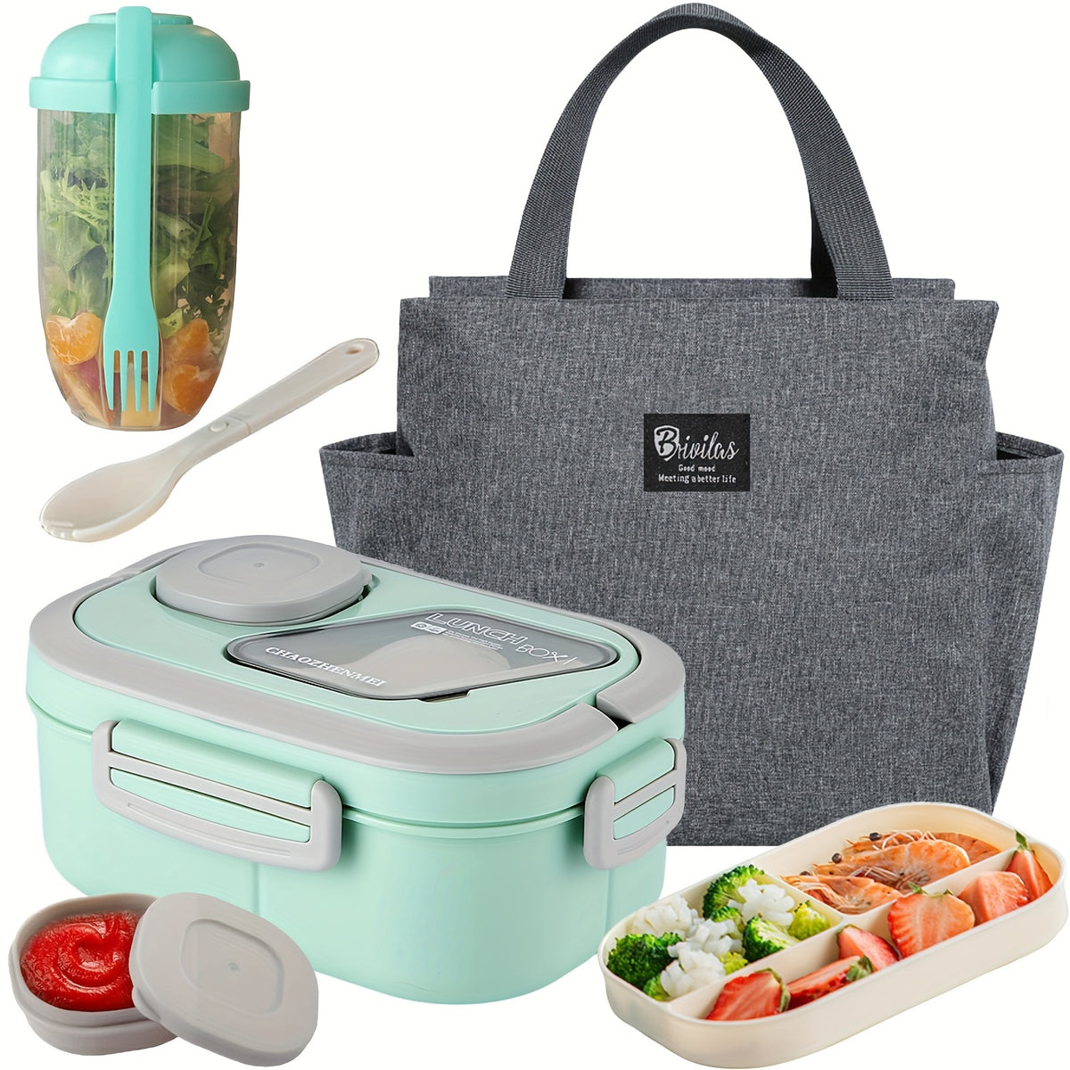 Two Tier Bento Lunch Box, Divided Meal Container in Pink, Blue, Green or White with Optional Cup and Lunch Bag Sets for School, Office and Picnics