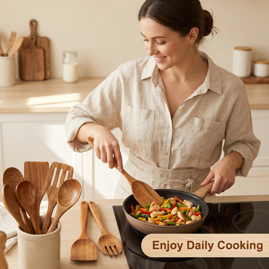 A Set of 10pcs High-Quality Thick-Walled Teak Cookware, Non-Stick Friendly, Heat-Resistant, with Ergonomic Handles, Comfortable Grip, Suitable for Stirring, Baking, Serving And Easy Cooking, 730G/ 1.61Lb