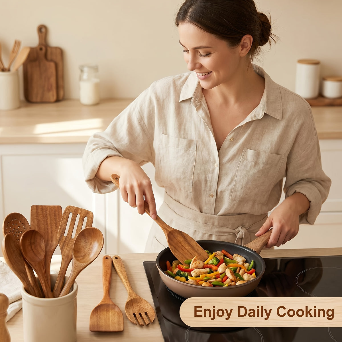 A Set of 10pcs High-Quality Thick-Walled Teak Cookware, Non-Stick Friendly, Heat-Resistant, with Ergonomic Handles, Comfortable Grip, Suitable for Stirring, Baking, Serving And Easy Cooking, 730G/ 1.61Lb