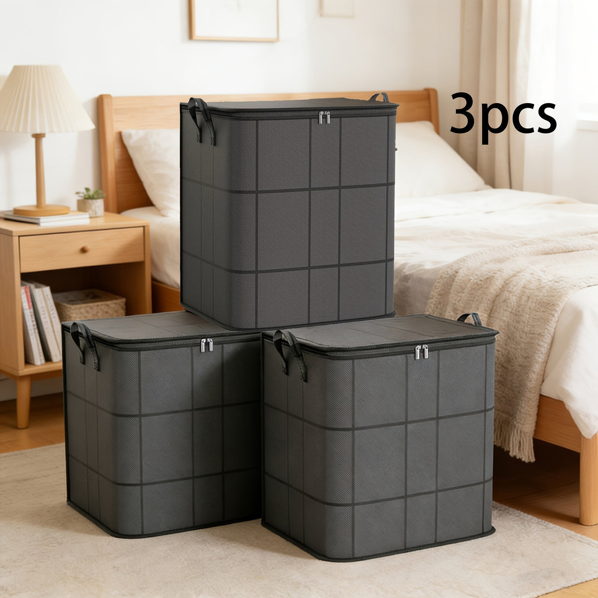 3 Pack Large Clothes Storage Bags, Foldable Wardrobe Storage Bag, Large Capacity Storage Box, Household Double Zipper Organizer Bag with Handles for Clothes And Quilts, Suitable for Moving, Travel, Storage Basket, And Under-Bed Storage Bag