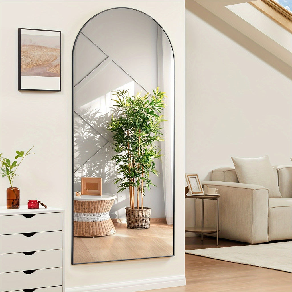 Arched Full Length 64" X 21"/ 59"x16"Mirror With Stand, Floor Mirror With Aluminum Alloy Frame For Bedroom, Standing Full Body Mirror With Shatter-Proof Nano Glass For Wall, Living Room, Cloakroom