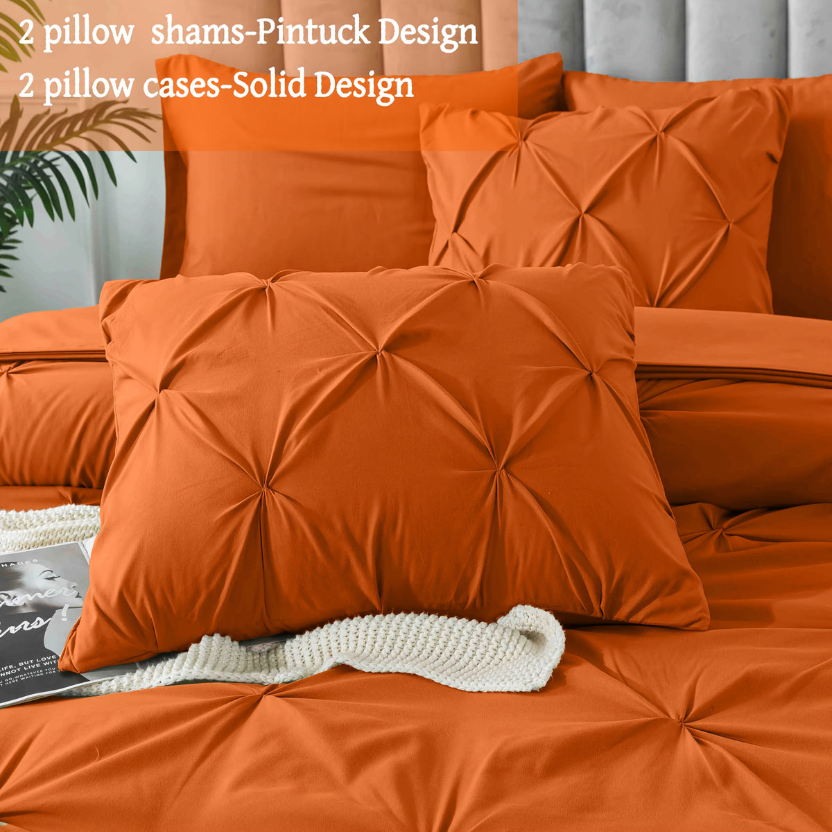 Cosybay 7 Piece Pinch Pleated Comforter Set Queen King Size, Luxury Soft Fluffy Bedding Includes 1 Comforter, 1 Extra Deep Pocket Fitted Sheet, 1 Flat Sheet, 4 Pillowcases & Pillow Covers, Perfect for Halloween Party, Holiday Celebrations & Birthday