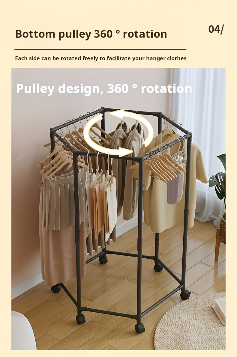 Hexagonal Rotary Clothes Rack, Self-Standing Vertical Clothing Hanging Rack, Suitable for Laundry And Household Storage Space Saving (Black/White), Easy Storage Device, Durable Structure, High-Quality Materials, Small Apartment Living, Convenient