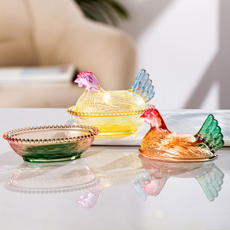 Chicken Shaped Glass Candy Jar with Lid, Decorative Hen Storage Dish in Glazed Color or Amber for Snacks, Kitchen Tables and Desk Displays