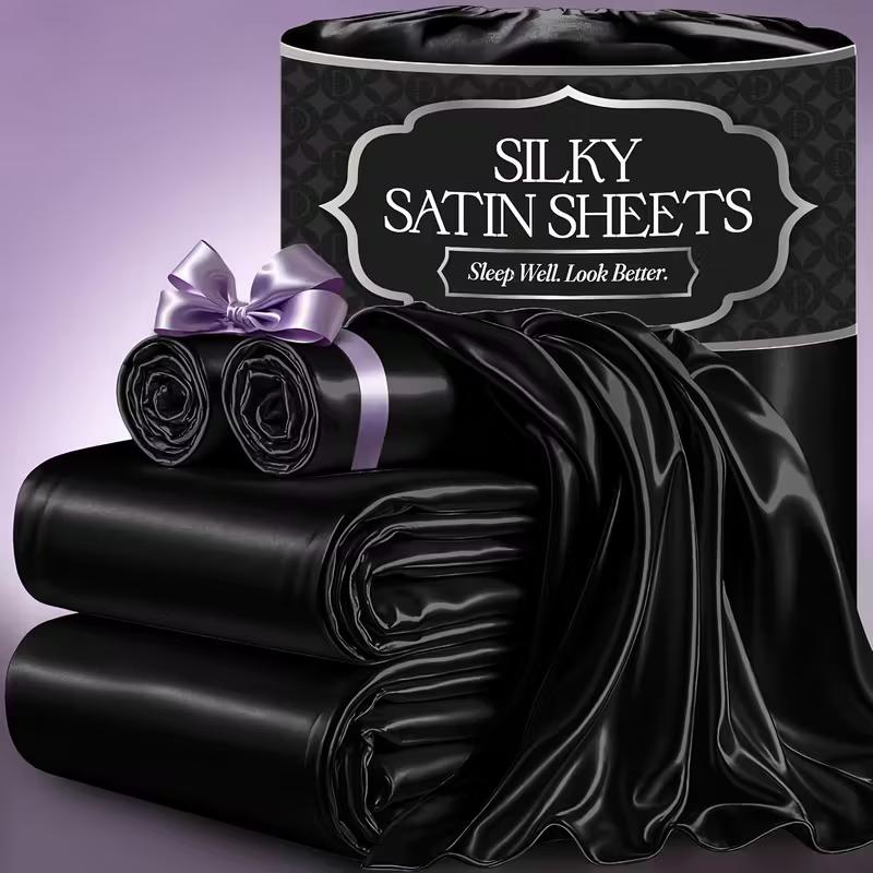 3/4pcs 2100TC Satin Sheets Queen Size Bed Set-Child Satin Bed Sheets Ultra Soft Satin Sheets Queen Set, Breathalbe Satin Bed Sheets Bed Sheets All Sizes Soft Satin Bedding for Bedroom 5 Star Luxury Hotel Experience W/ The Premium Satin Sheets