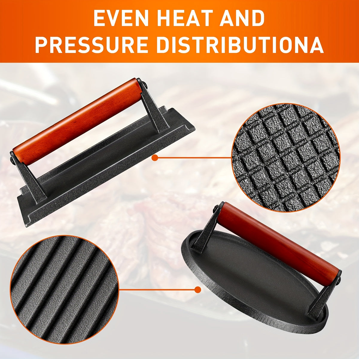 2pcs Cast Iron Burger Press Kit Pressure Plate - Round And Rectangular Heavy Meat Minced Meat with Wooden Handle for Baking Trays, Sandwiches, Suitable for Family Gatherings, Picnics, Camping
