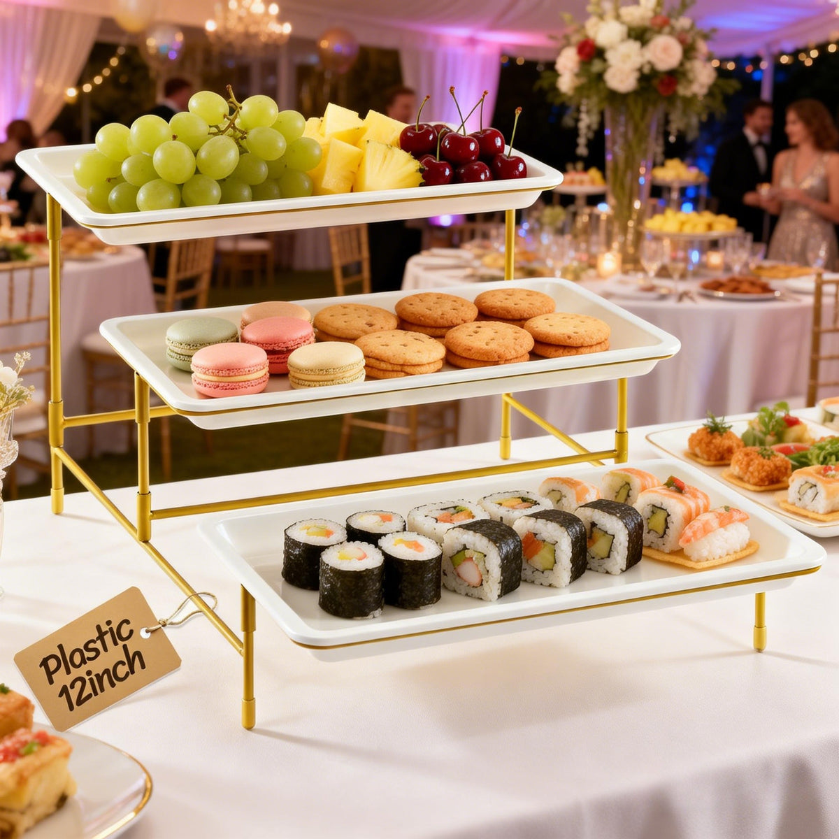 12" x 6.5" Platters for Serving Food, 3 Tier Plastic Serving Tray for Party Supplies, White Reusable Trays with Metal Display Stand for Veggie, Fruit, Dessert