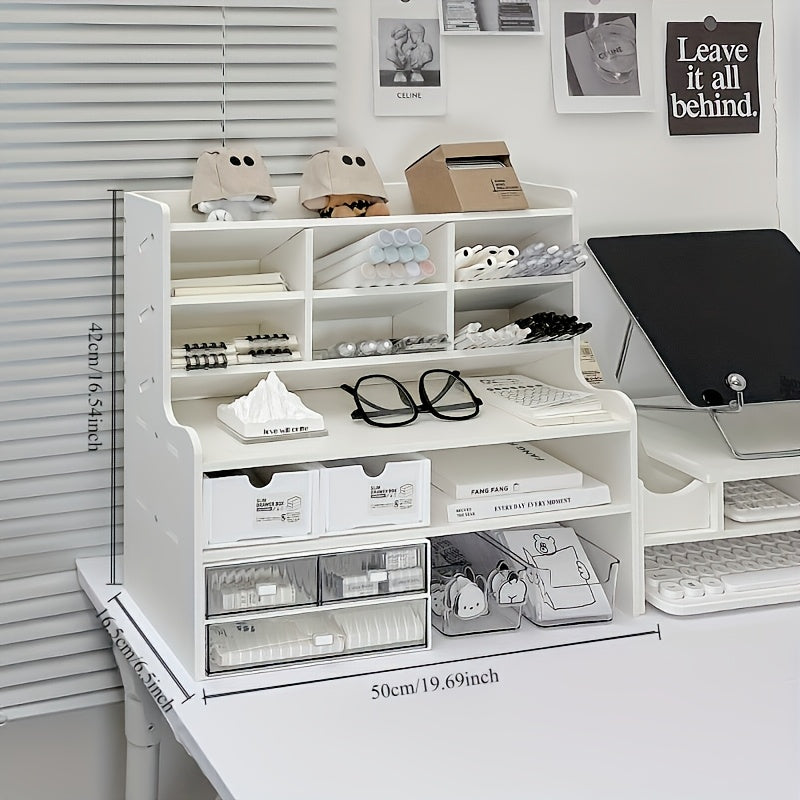 1pc Modern 2-Tier Desk Organizer with Drawer Storage & Tilt Pen Holder - Raised Bookshelf Suitable for Stationery, Cosmetics, Office Supplies, Space-Saving Partition Shelf, Lightweight PVC Storage Box for Office, Dormitory, Partition Box, Desk &