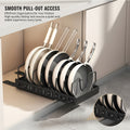 Sliding Cabinet Pan Organizer with Adjustable Dividers, Pull-Out Pot Lid and Bakeware Storage Rack in 1 or 2 Piece Options for Kitchen Cupboards