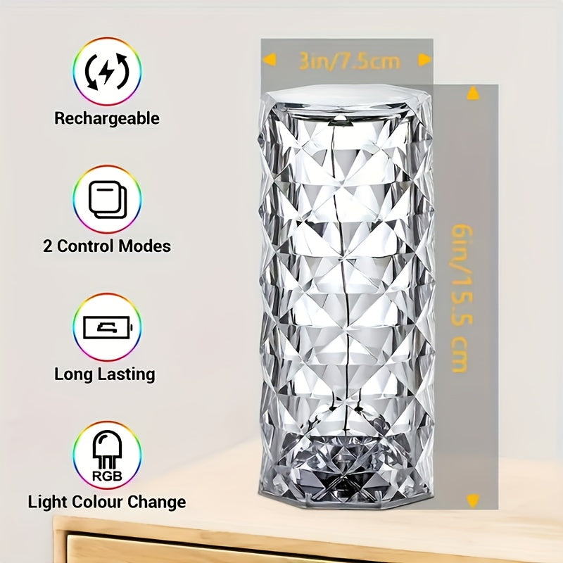 1pc Sparkling Rose RGB Night Light - 16-Color Changing Touch & Remote Control, USB Rechargeable Battery-Powered LED Table Lamp with Crystal Gemstone Design for Bedroom, Living Room, Christmas Decor, Touch Lamp for Bedroom, Ambiance Enhancer