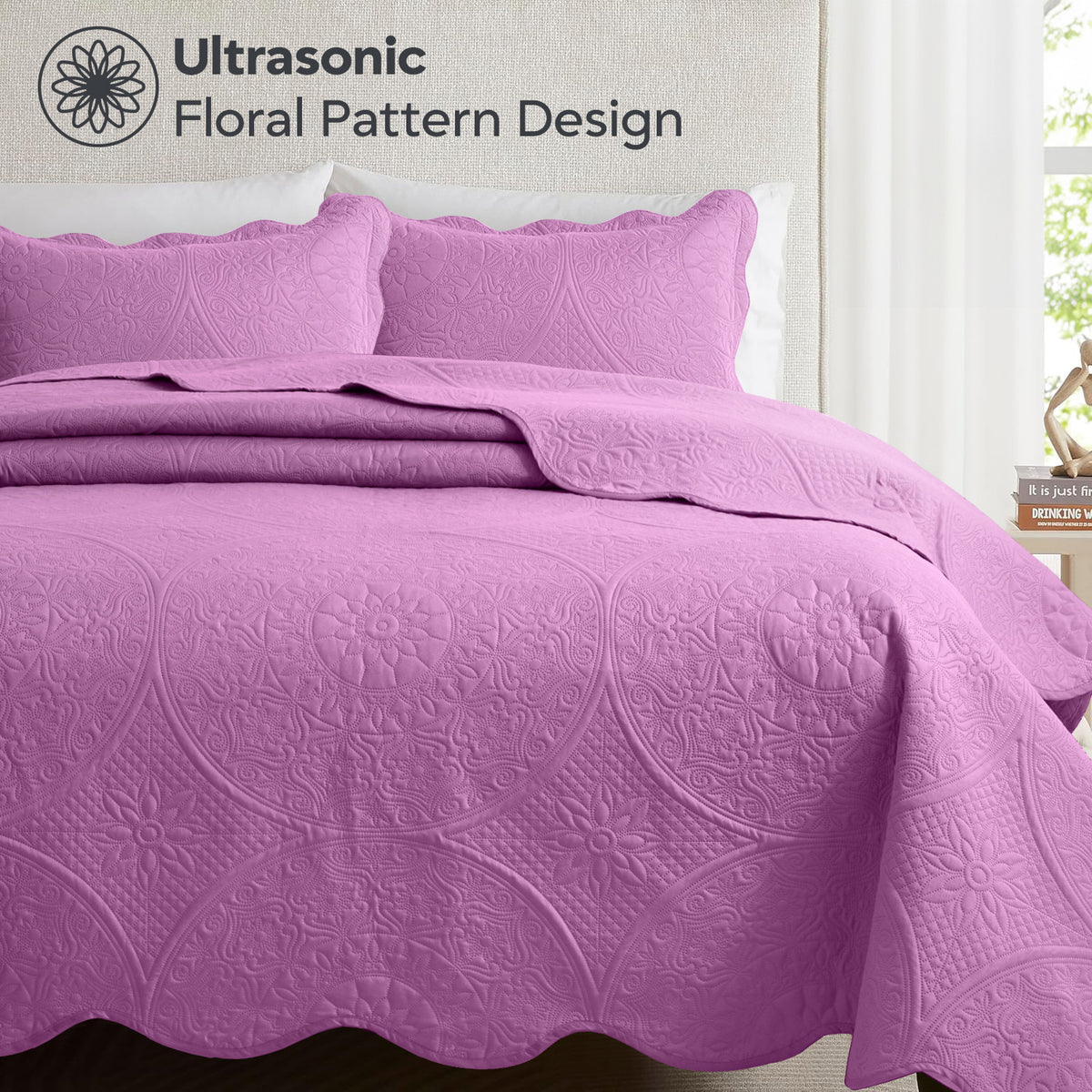 3pcs Luxury Quilted Bedspread Set – Oversize Quilt Coverlet Soft & Cozy Floral Bedspread with Pillow Shams, Breathable Lightweight for Bedroom & Guest Room Decor