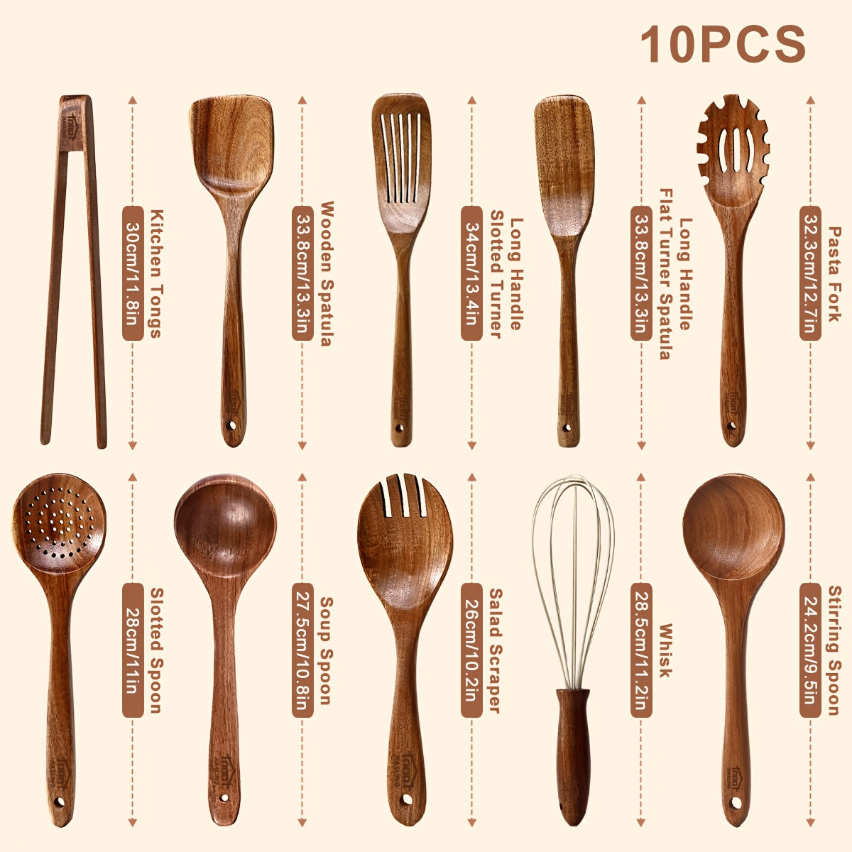 10pcs Wooden Spoons for Cooking, Natural Teak Wooden Kitchen Utensils Set Non-Stick Kitchen Pan Toolset Wooden Utensils for Cooking Wooden Cooking Utensils Wooden Spatulas for Cooking