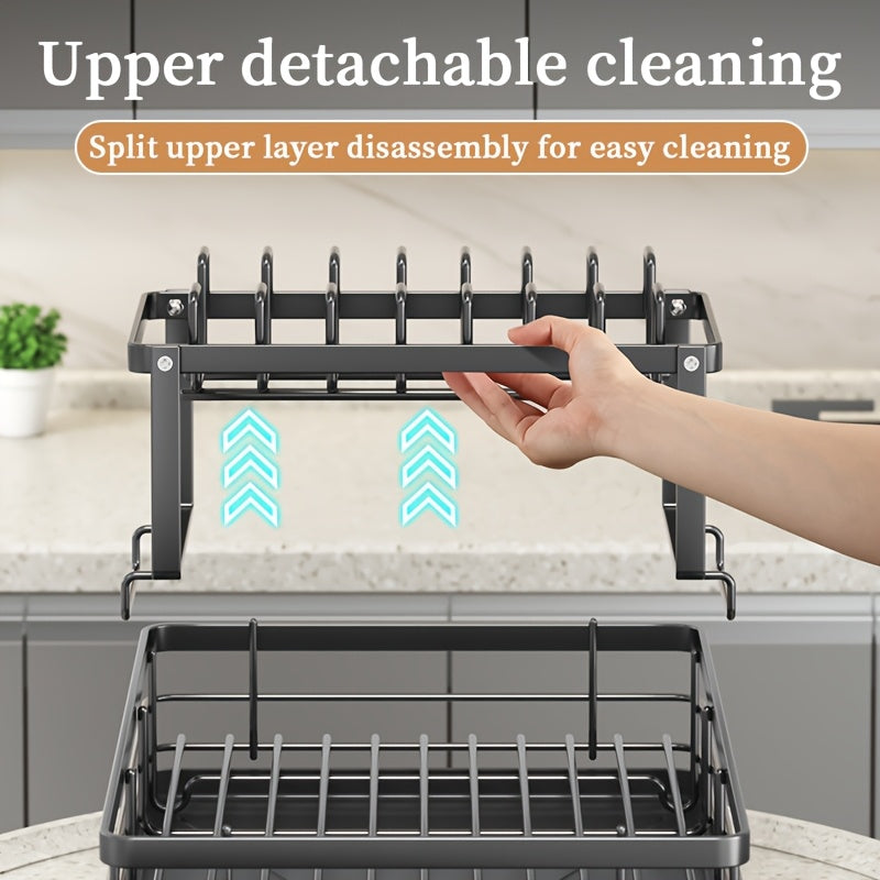 2-Tier Metal Dish Drying Rack, Suitable for Types of Countertops. Space-saving and Durable, Comes with Cutlery Holder, Cup Holder, and Rust-proof Drip Tray. Helps Your Kitchen Neat and Organized.