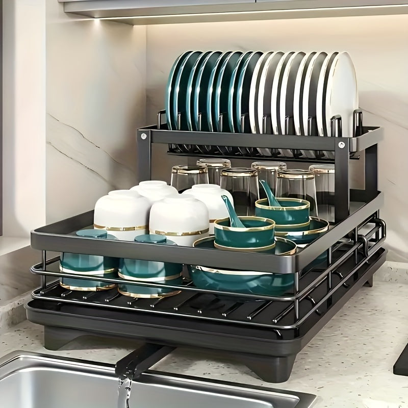 Dish Drying Rack, 2-Tier Dish Racks for Kitchen Counter, Dish Rack with Drainboard & Mat, Dish Drainer with Knife, Fork & Cup Rack, Gifts for Women, Mothers Day, Cool Stuff & Kitchen Gadgets