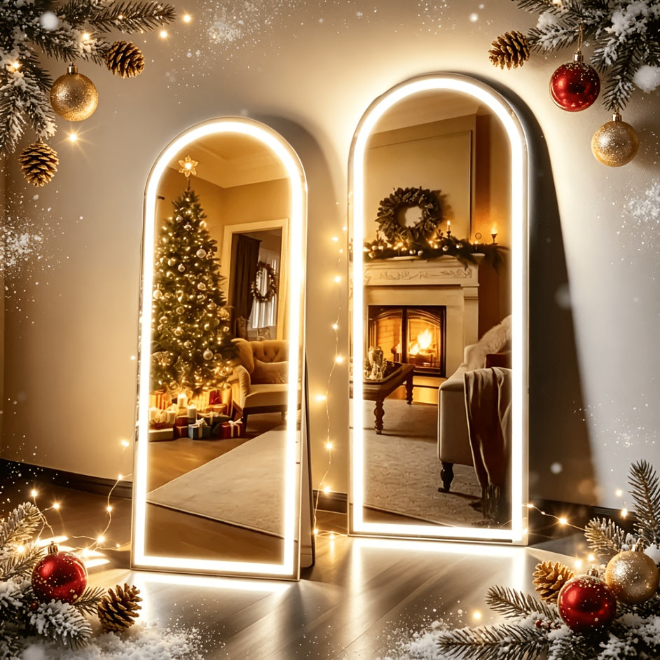 Full Length Mirror, Aluminum Frame - LED Lighted Full Length Mirror - Arched Makeup Mirror - Full Length Makeup Mirror - for Bathroom Bedroom or Living Room, Multiple Sizes, Black/ Golden/ White Available