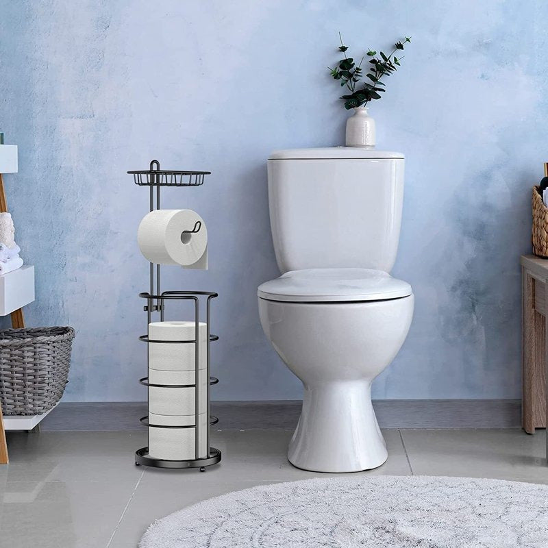 1/2 Toilet Paper Storage Rack, Single Floor Standing Toilet Paper Rack With Shelf, Independent Bathroom Paper Organizer With 4 Rolls Of Paper, Suitable For Balcony, Bedroom, Toilet, Courtyard, Toilet Paper Storage, Bathroom Accessories - Black