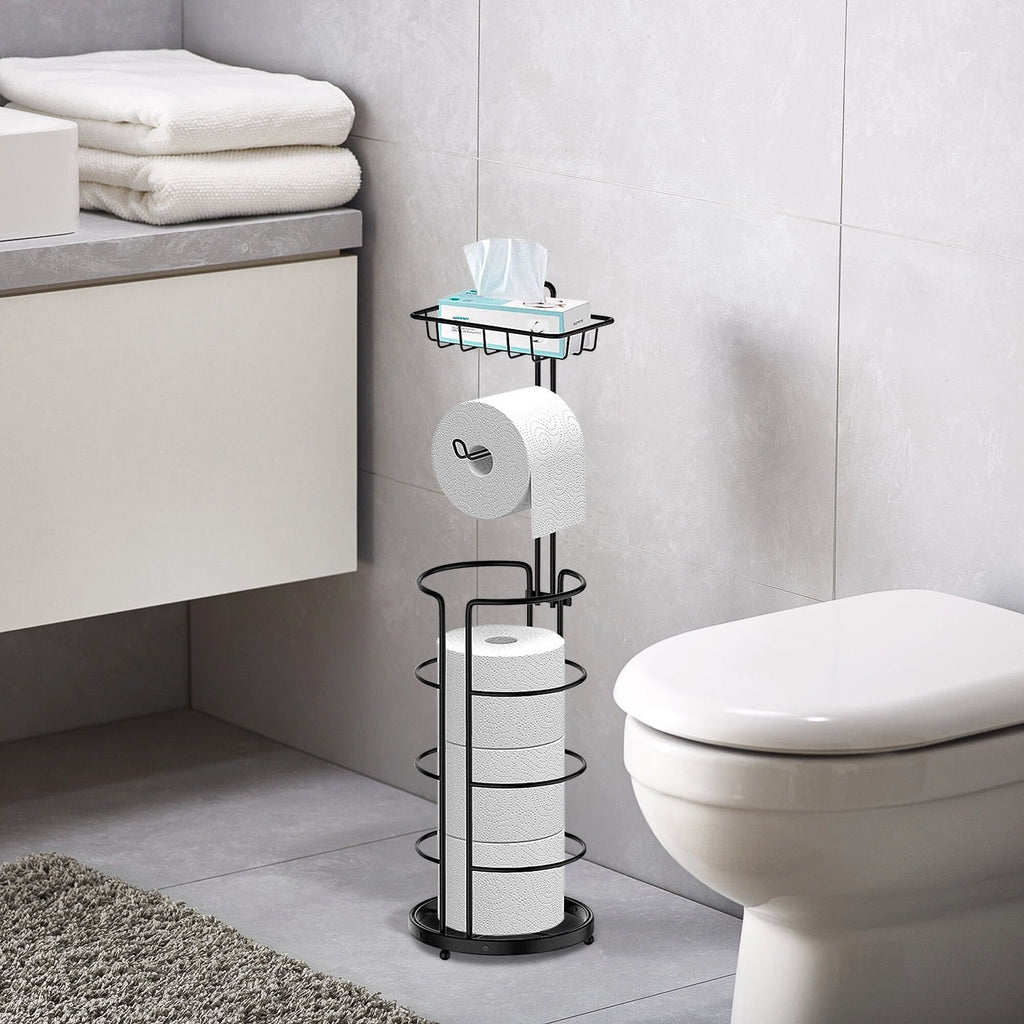 1/2 Toilet Paper Storage Rack, Single Floor Standing Toilet Paper Rack With Shelf, Independent Bathroom Paper Organizer With 4 Rolls Of Paper, Suitable For Balcony, Bedroom, Toilet, Courtyard, Toilet Paper Storage, Bathroom Accessories - Black