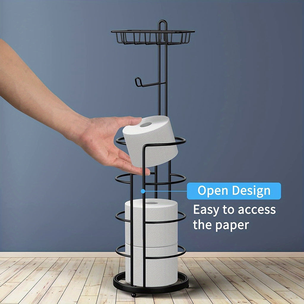 1/2 Toilet Paper Storage Rack, Single Floor Standing Toilet Paper Rack With Shelf, Independent Bathroom Paper Organizer With 4 Rolls Of Paper, Suitable For Balcony, Bedroom, Toilet, Courtyard, Toilet Paper Storage, Bathroom Accessories - Black