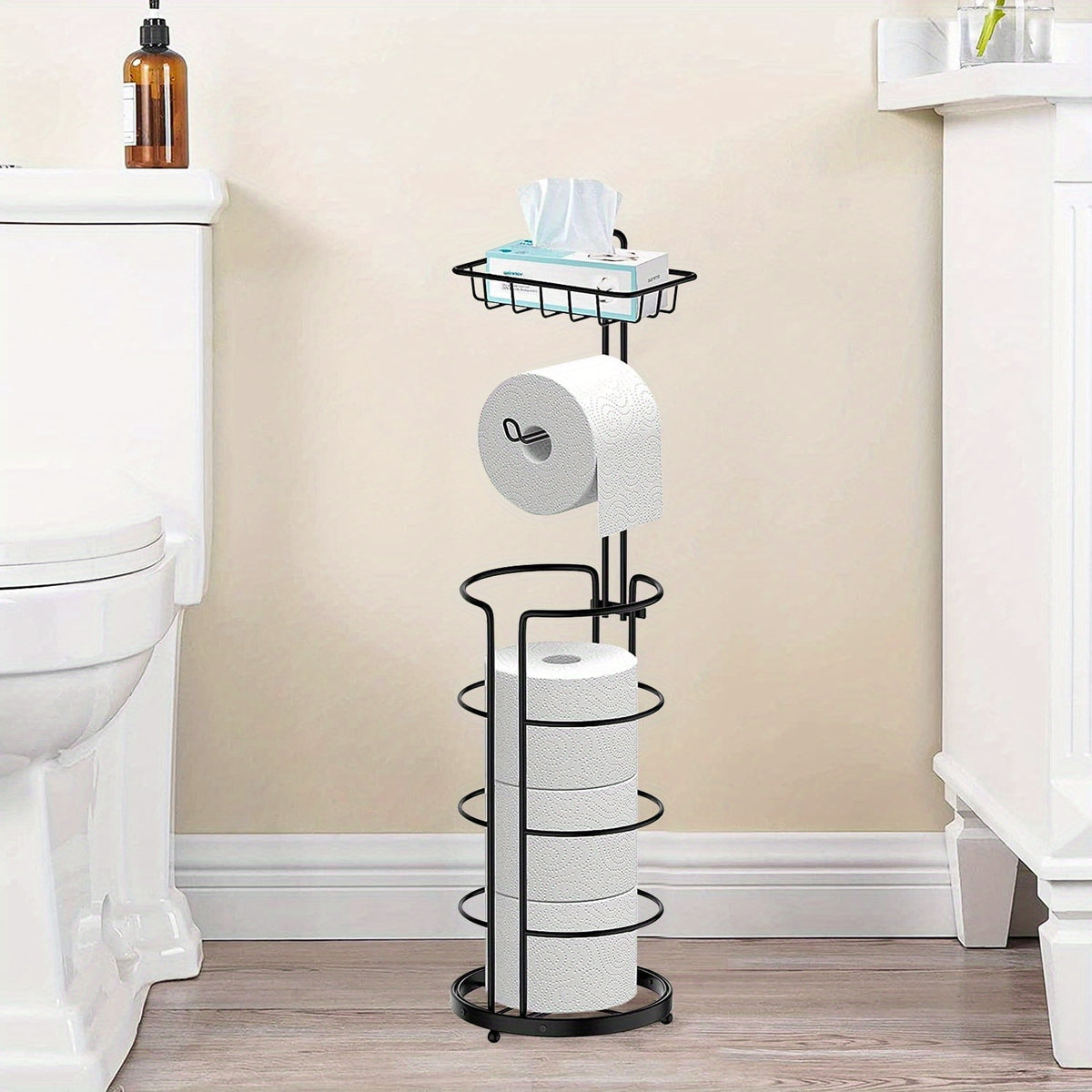 1/2 Toilet Paper Storage Rack, Single Floor Standing Toilet Paper Rack With Shelf, Independent Bathroom Paper Organizer With 4 Rolls Of Paper, Suitable For Balcony, Bedroom, Toilet, Courtyard, Toilet Paper Storage, Bathroom Accessories - Black