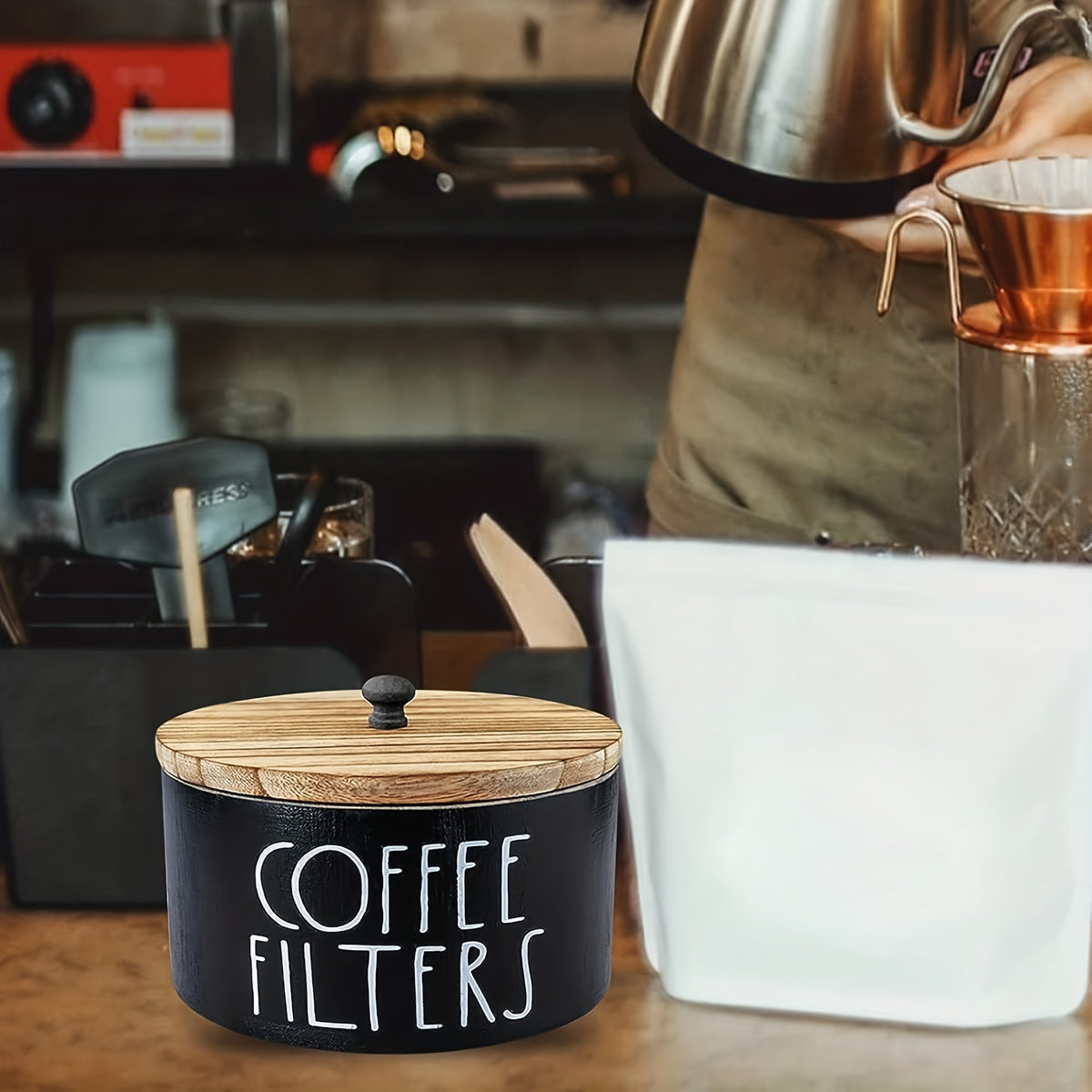 1pc Rustic Wooden Coffee Filter Holder with Lid - Durable and Easy-to-clean Filter and Accessory Storage Container for Kitchen Countertop Decor, Decorative Box