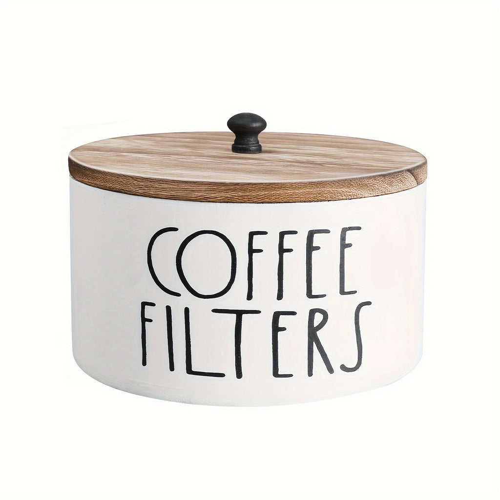 Wooden Coffee Filter Holder with Lid, Round Solid Wood Storage Container in Black or White for Rustic Farmhouse Coffee Bar and Kitchen Countertop Organization