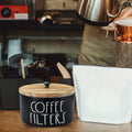 Wooden Coffee Filter Holder with Lid, Round Solid Wood Storage Container in Black or White for Rustic Farmhouse Coffee Bar and Kitchen Countertop Organization