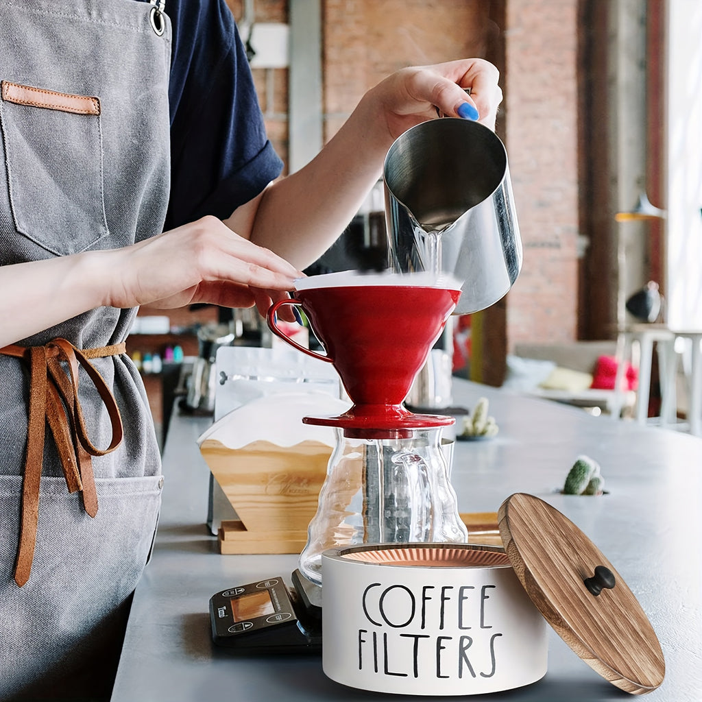 Wooden Coffee Filter Holder with Lid, Round Solid Wood Storage Container in Black or White for Rustic Farmhouse Coffee Bar and Kitchen Countertop Organization