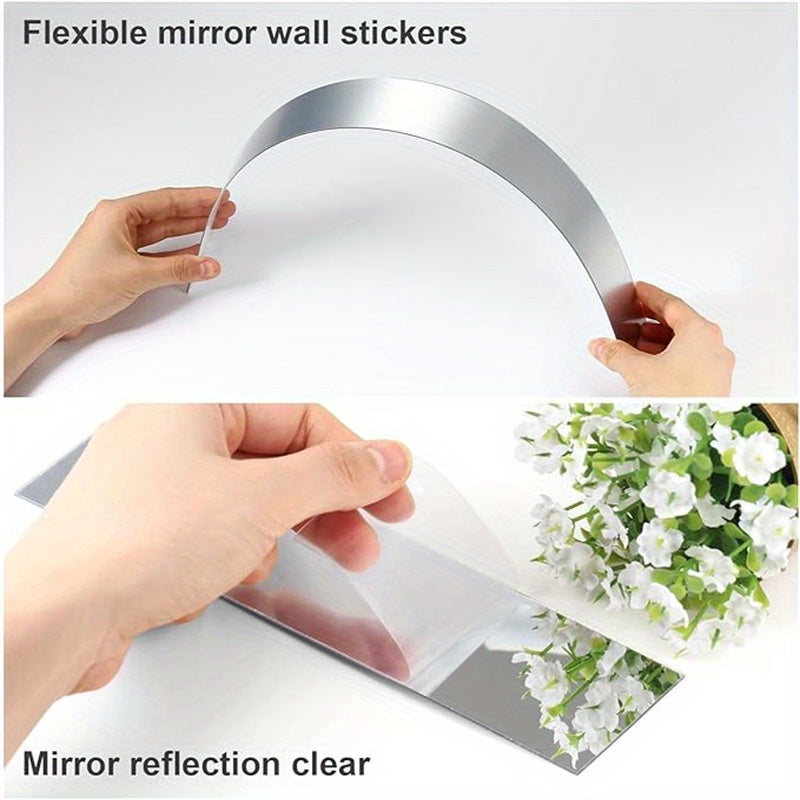 10pcs Pack, 3*25Cm/1.2*9.84In, Silver Acrylic Mirror Wall Sticker, Strip Self-Adhesive Wall Decals, for Living Room Bedroom Bathroom Office Home, Art Wall Decoration