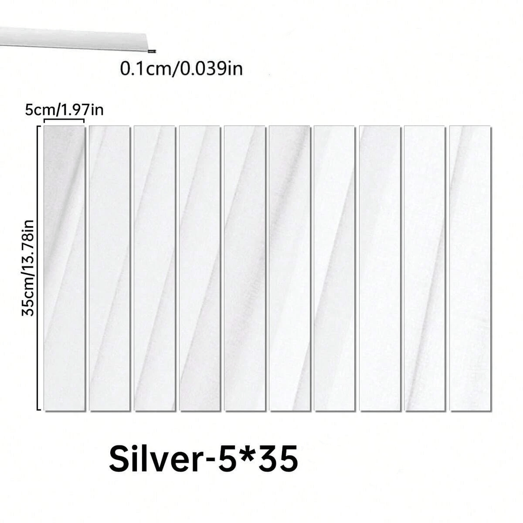 Mirror Wall Sticker Strips, 10 Silver Acrylic Self Adhesive Decals Measuring 3 x 25 cm Each for Living Room Bedroom and Office Wall Decoration