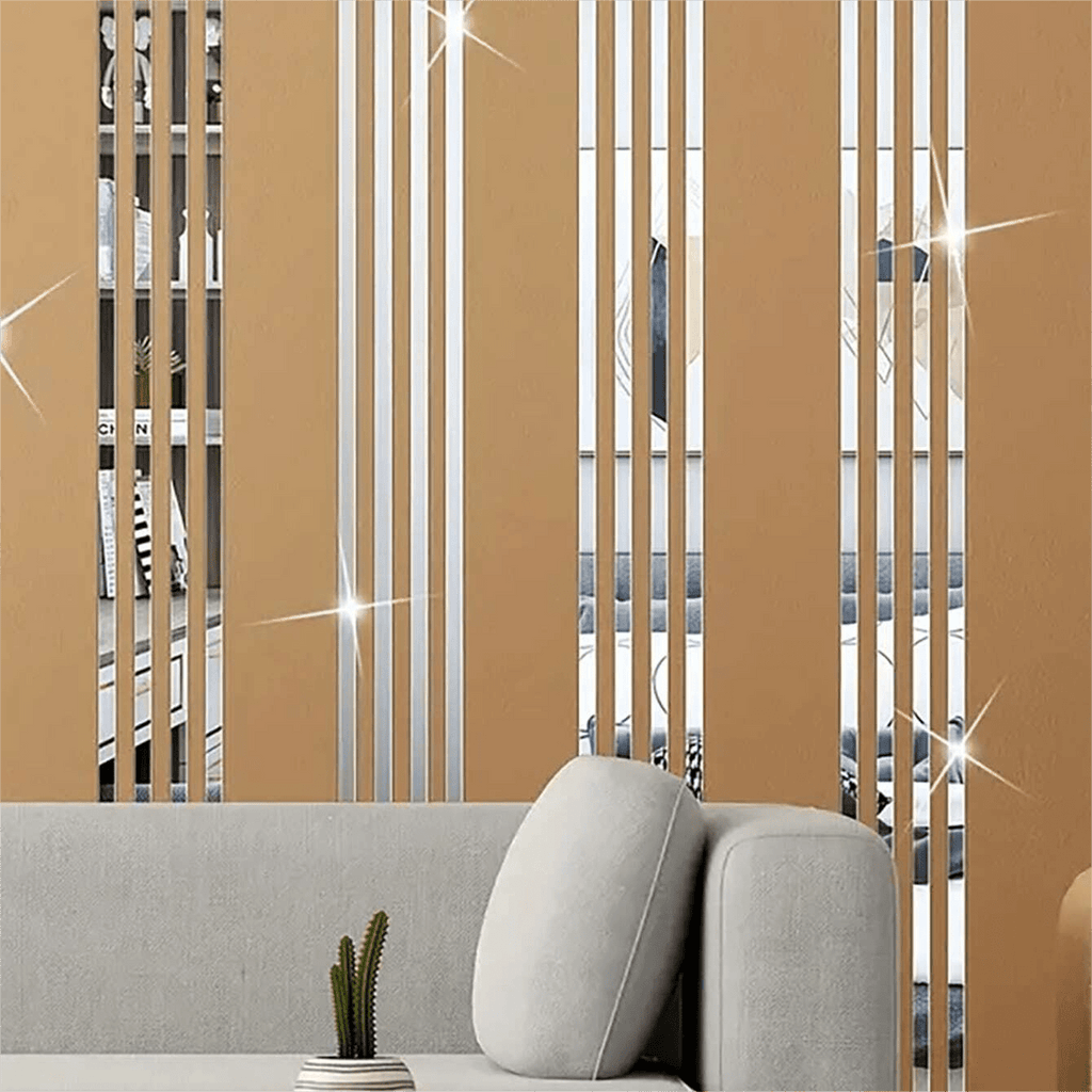 Mirror Wall Sticker Strips, 10 Silver Acrylic Self Adhesive Decals Measuring 3 x 25 cm Each for Living Room Bedroom and Office Wall Decoration