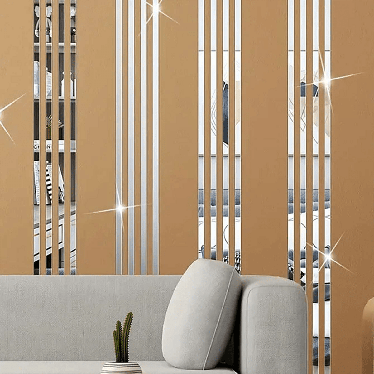 Mirror Wall Sticker Strips, 10 Silver Acrylic Self Adhesive Decals Measuring 3 x 25 cm Each for Living Room Bedroom and Office Wall Decoration