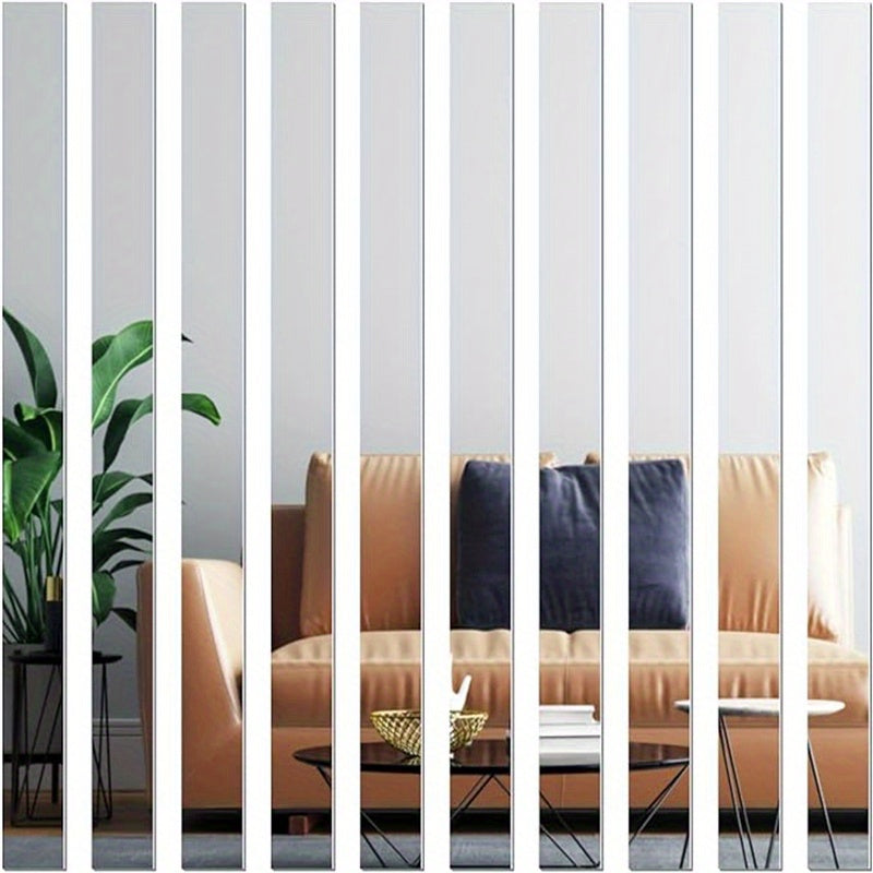 Mirror Wall Sticker Strips, 10 Silver Acrylic Self Adhesive Decals Measuring 3 x 25 cm Each for Living Room Bedroom and Office Wall Decoration