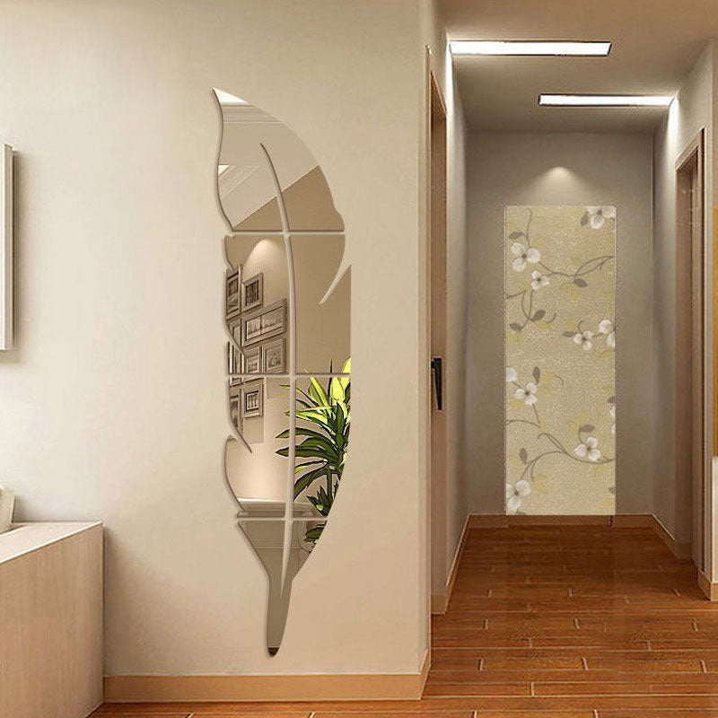 Aryclic Feather Mirror Wall Stickers, Self Adhesive Silver Home Art Decal Wall Decor, Living Room And Bedroom Wall Decoration