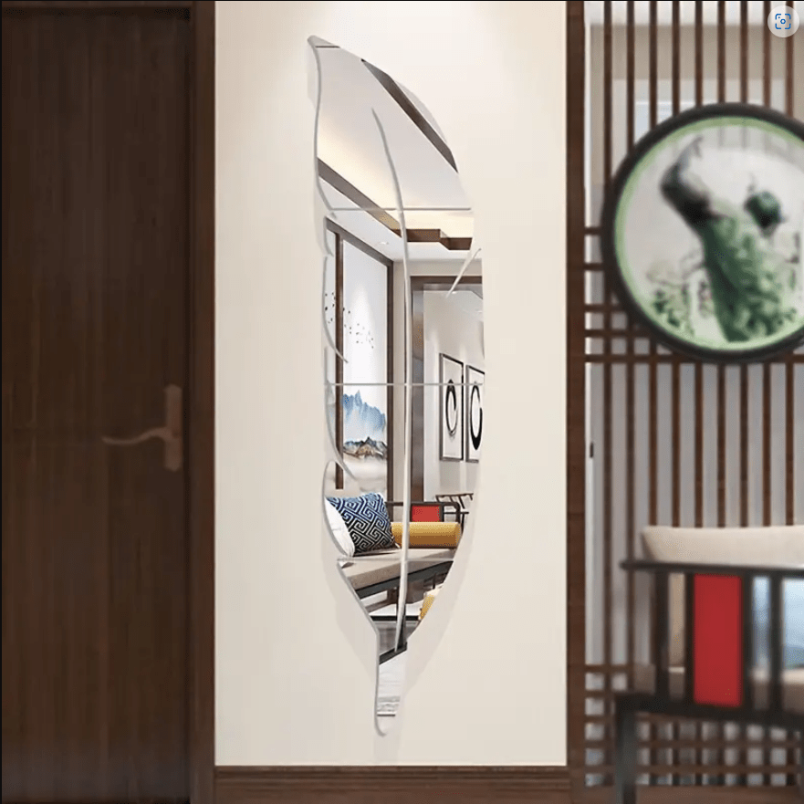 Aryclic Feather Mirror Wall Stickers, Self Adhesive Silver Home Art Decal Wall Decor, Living Room And Bedroom Wall Decoration