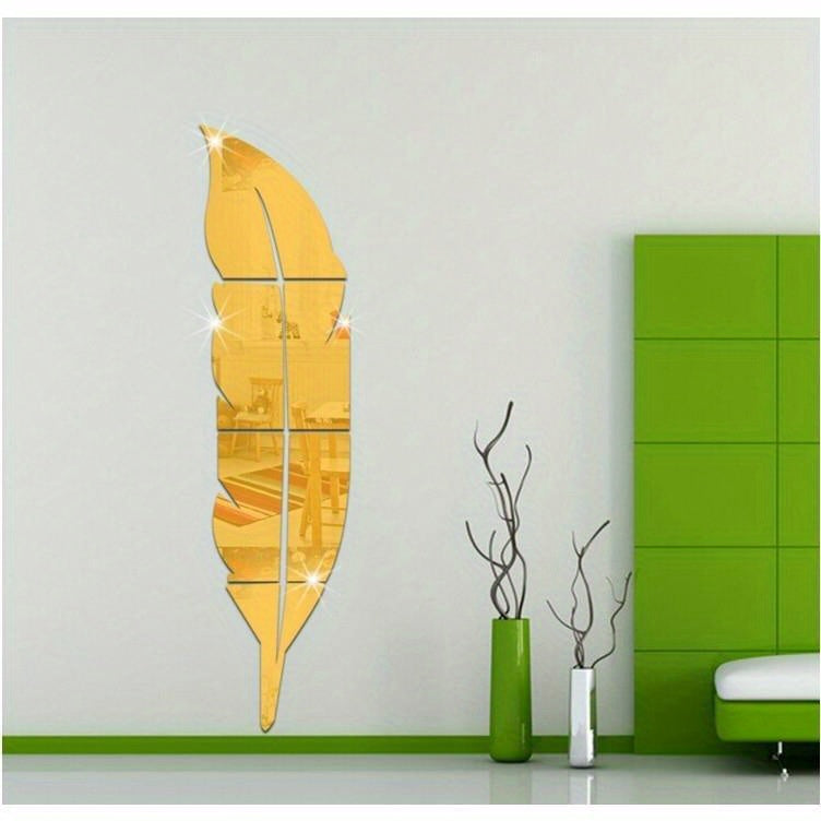 Aryclic Feather Mirror Wall Stickers, Self Adhesive Silver Home Art Decal Wall Decor, Living Room And Bedroom Wall Decoration