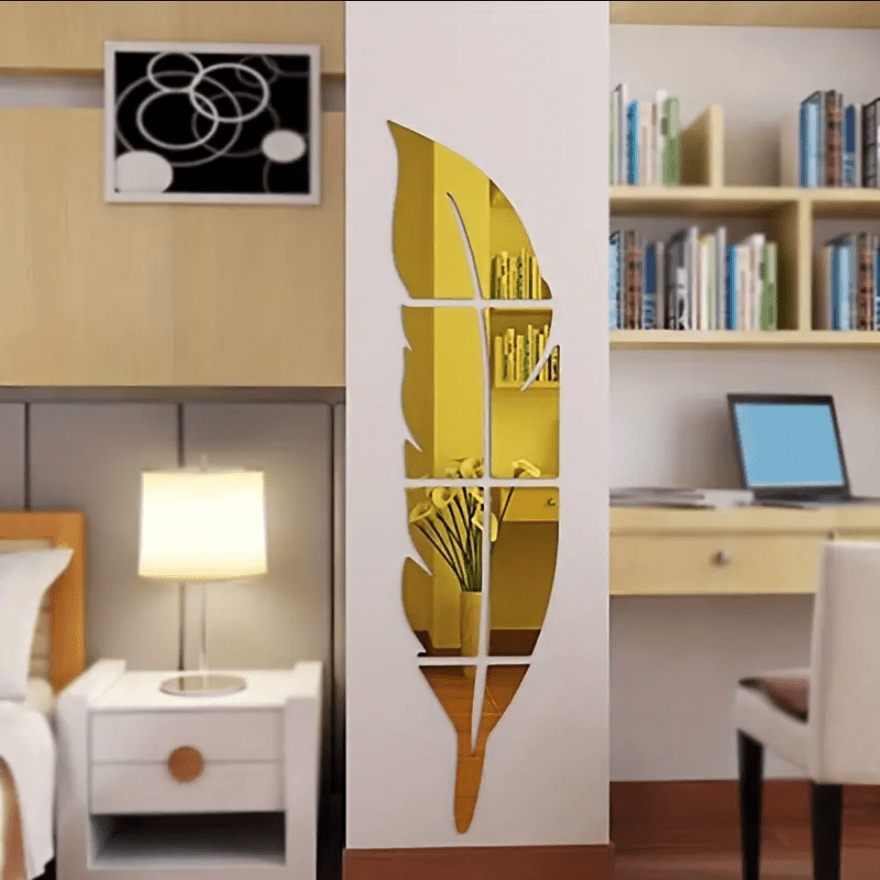 Aryclic Feather Mirror Wall Stickers, Self Adhesive Silver Home Art Decal Wall Decor, Living Room And Bedroom Wall Decoration