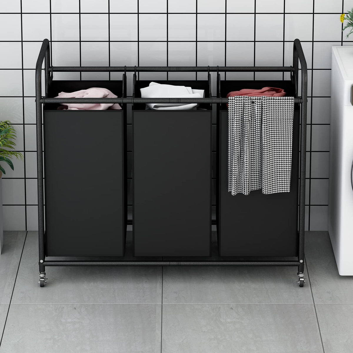 Laundry Basket 3-Bag Sorter 63.4gal Laundry Home Decor Hamper Cart with Heavy Duty Rolling Lockable Wheels And Removable Bags Included for Bedroom, Laundry Room - Sturdy Fabric Storage Bin, Laundry Baskets