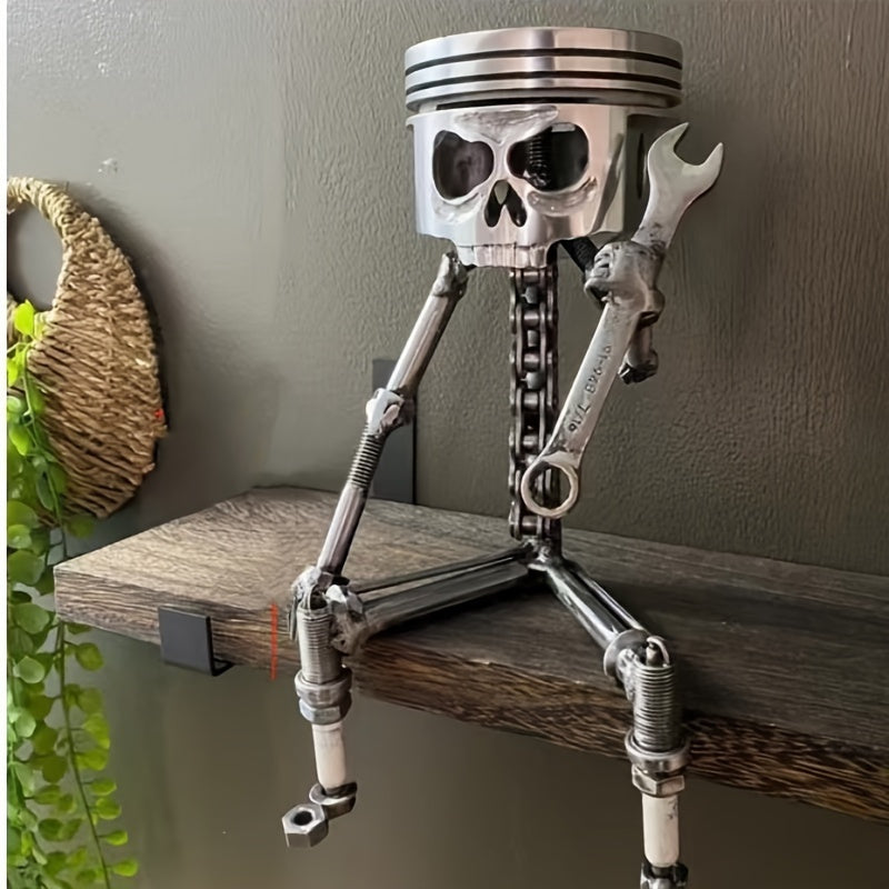 Oddities And Curiosities Piston Skull Sculpture - Art Sculpture Designed Specifically for Car Enthusiasts, Featuring a Gear Base And Handmade Wrench Design. Very Suitable As a Home Or Office Decoration