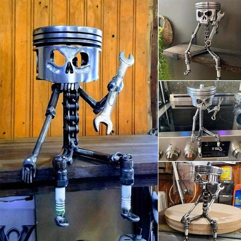 Oddities And Curiosities Piston Skull Sculpture - Art Sculpture Designed Specifically for Car Enthusiasts, Featuring a Gear Base And Handmade Wrench Design. Very Suitable As a Home Or Office Decoration