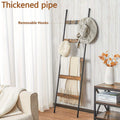 Decorative Blanket Storage Ladder, 5-Tier Throw and Towel Rack with 10 Removable Hooks in Brown or Black for Farmhouse Living Room and Bathroom Organization