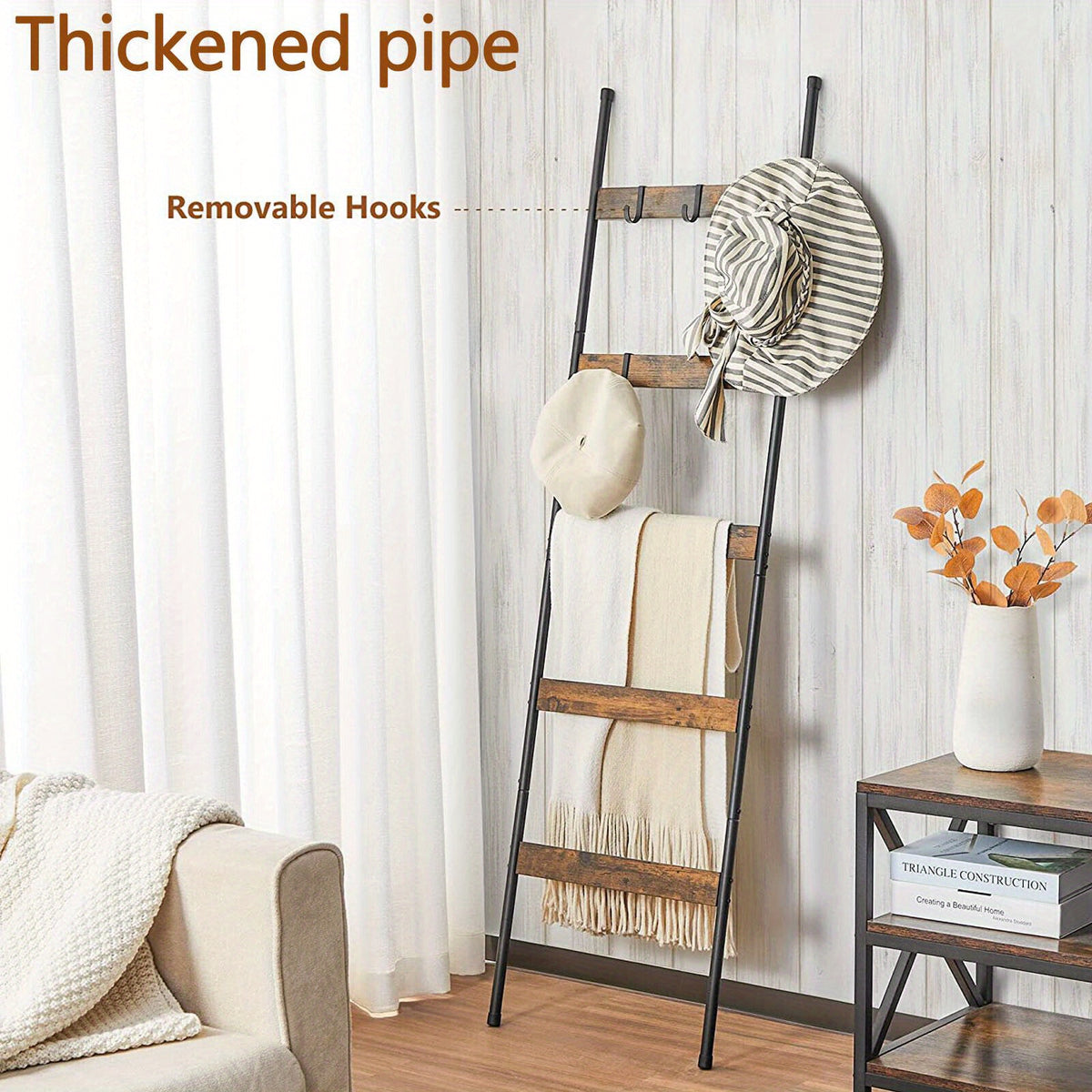 Blanket Ladder, 5 Tier Blanket Holder with 10 Removable Hooks, Farmhouse Style Blanket Ladder for Living Room Bathroom, Decorative Wall Mounted Wooden Quilt Standing Towel Drying Storage Rack
