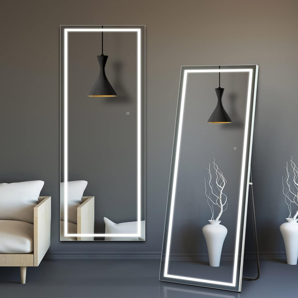 Smart LED Touch Sensor Full-Length Mirror - Adjustable Brightness, Wall-Mount & Freestanding Design with Slim Modern Frame - Ideal for Vanity, Bedroom, Or Dressing Room Lighting