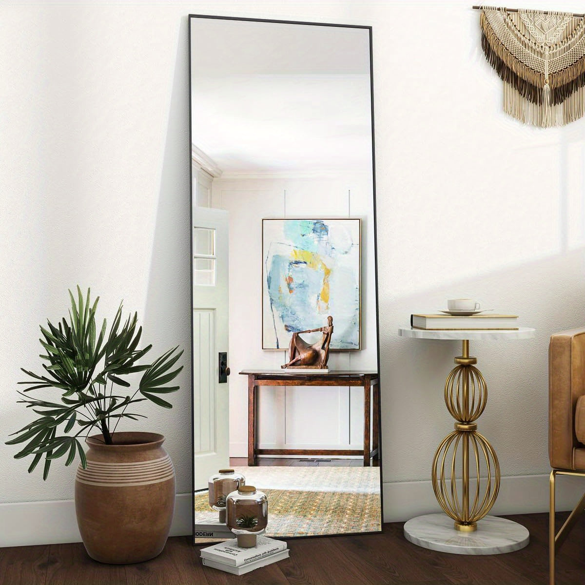 Mirror Full Length, Floor Mirror with Stand, Aluminum Alloy Frame Full Body Mirror, Standing Hanging or Leaning Against Wall for Bedroom and Living Room