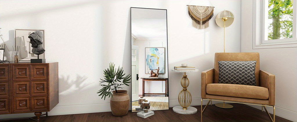 Mirror Full Length, Floor Mirror with Stand, Aluminum Alloy Frame Full Body Mirror, Standing Hanging or Leaning Against Wall for Bedroom and Living Room